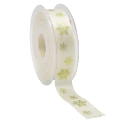 Snowflakes Satin Ribbon; Gold on Cream